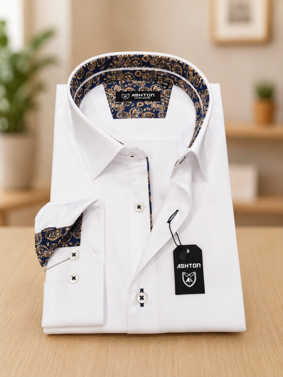 Chemise blanche doublure cachemire doré – Ashton