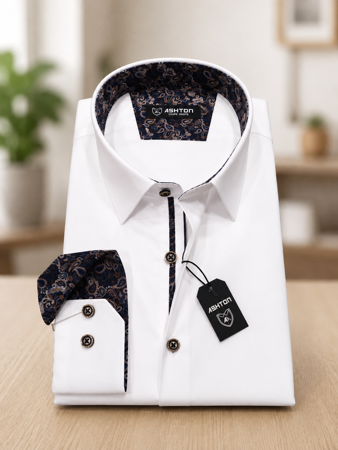 Chemise blanche doublure cachemire marron – Ashton